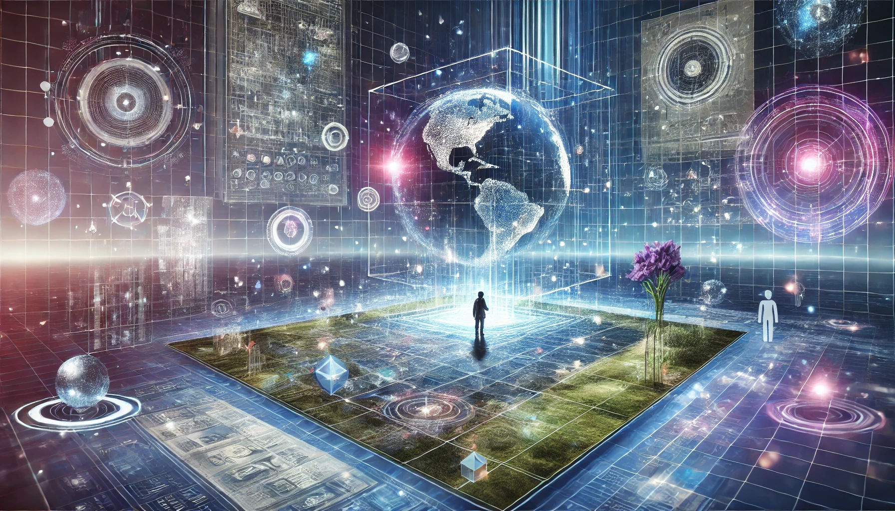 A landscape image illustrating spatial computing, featuring a person interacting with virtual objects, 3D models, and holographic interfaces in a real-world environment, set against a futuristic background with grids, light beams, and abstract tech patterns in cool blues and purples.