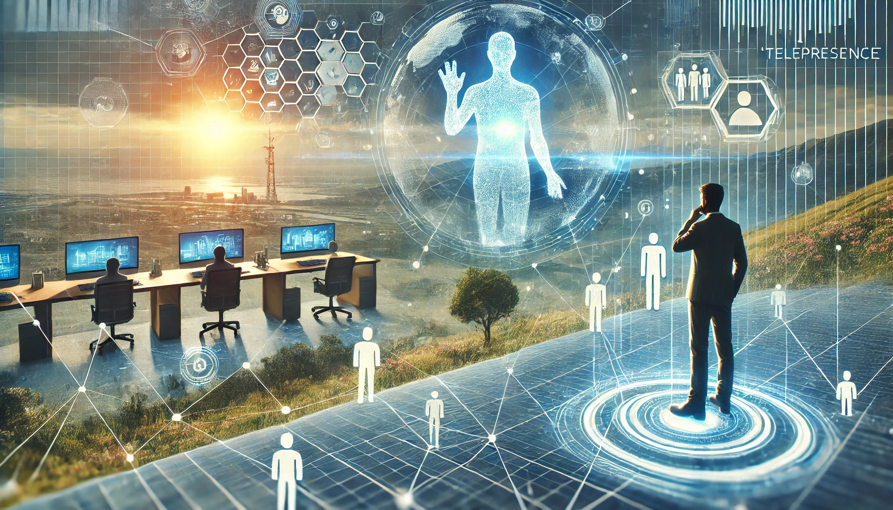 A landscape image depicting telepresence, featuring a person interacting with holographic or robotic presence, video screens of remote meetings, and VR headsets, set against a background blending real-world settings with digital interfaces, grids, and communication signals in modern blue and white tones.