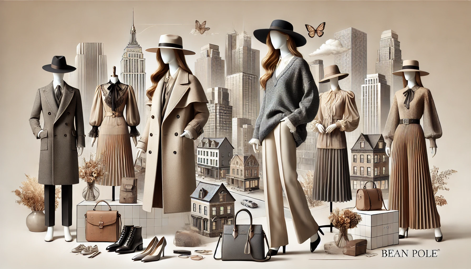 A landscape image representing the Bean Pole brand, featuring stylish clothing items like tailored coats and chic dresses, with elements such as fashion models and urban settings, set against a sleek, refined background with neutral tones and soft lighting.