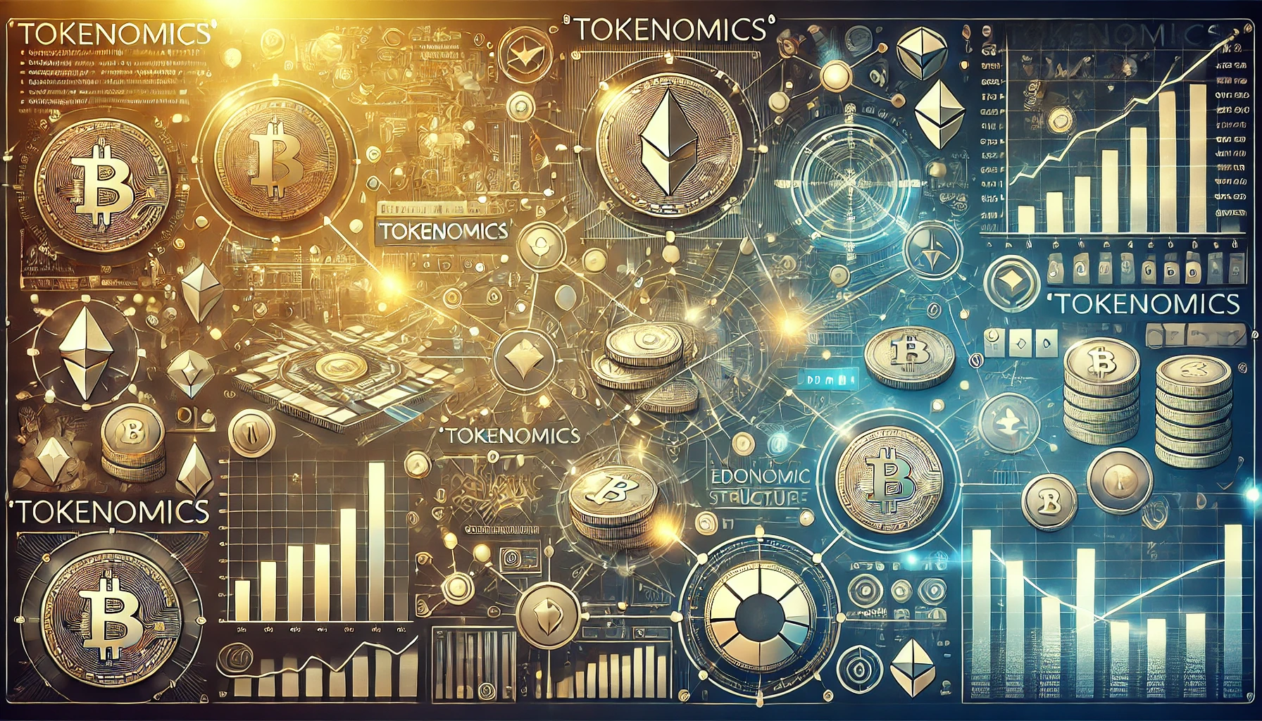 A landscape image representing tokenomics, featuring digital tokens, blockchain symbols, graphs, and charts, with elements like network nodes and exchange symbols, set against a background of abstract digital patterns and financial symbols in blues, golds, and metallic tones.