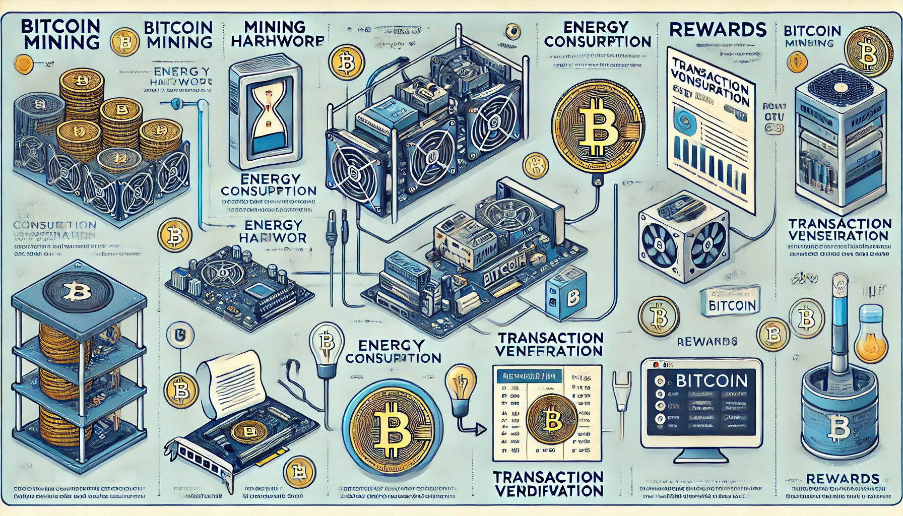 A detailed infographic showing the process of Bitcoin mining, including hardware components, energy consumption, and the verification of transactions.