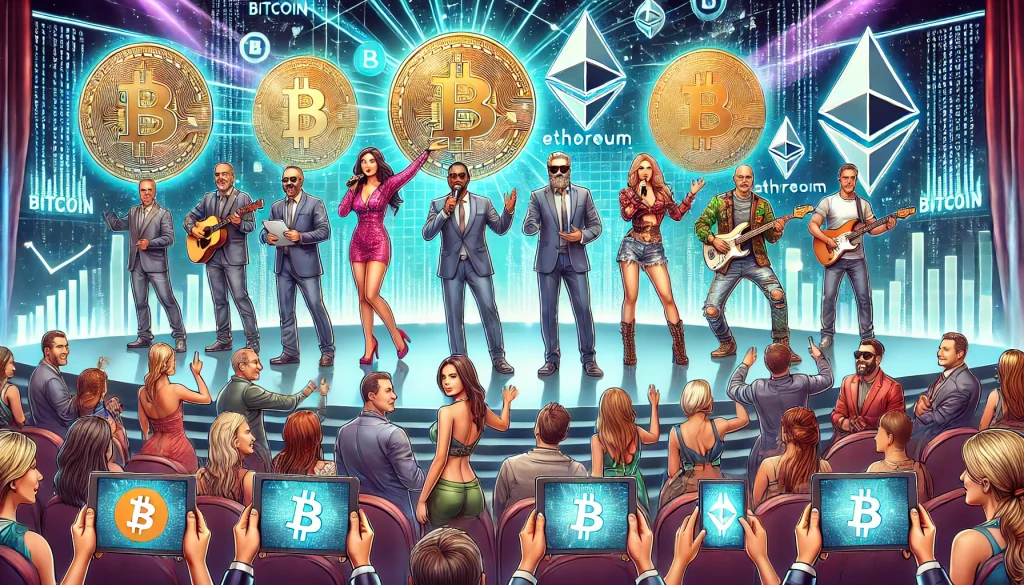 Illustration of celebrities promoting crypto projects