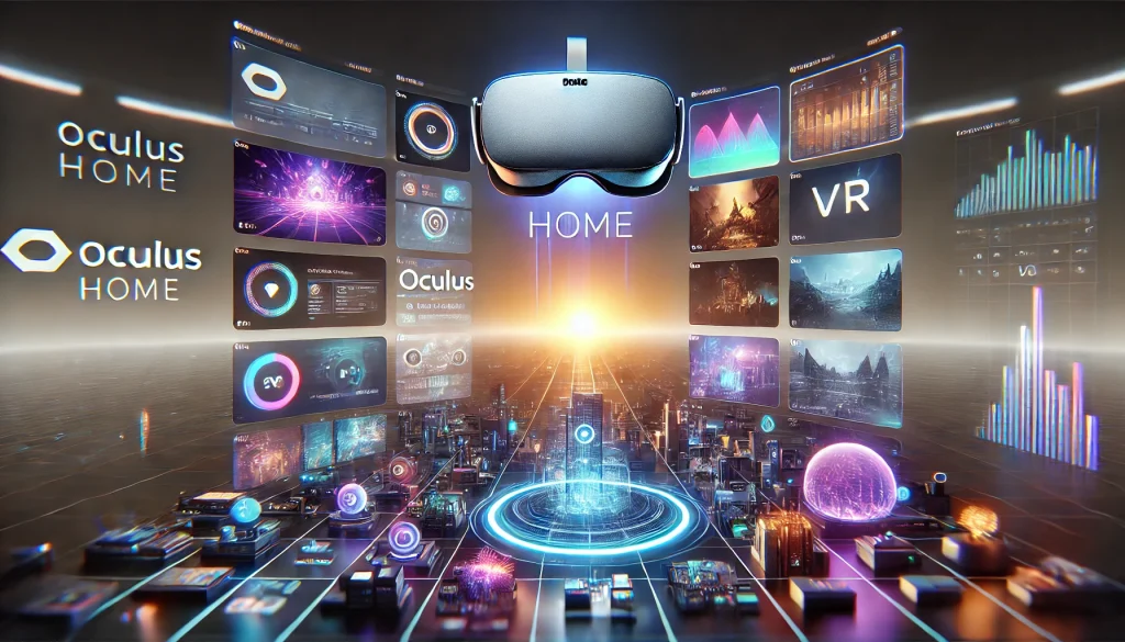 A high-resolution photograph of the Oculus Home environment, showcasing a user’s view of the main interface, vibrant holographic menu with VR applications and games, modern and futuristic design, bright and clear display, hd quality, sharp focus on the interface elements