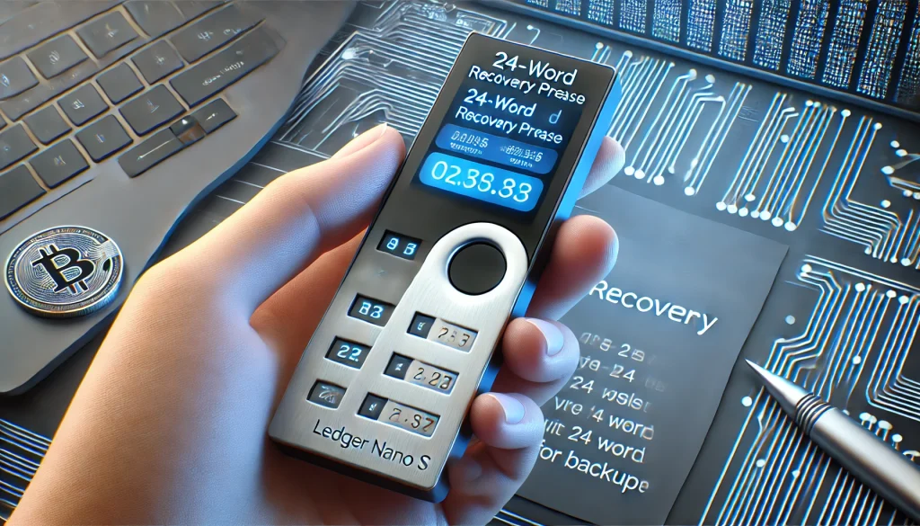 Entering recovery phrase on a new Ledger Nano S device. Backing up 24-word recovery phrase