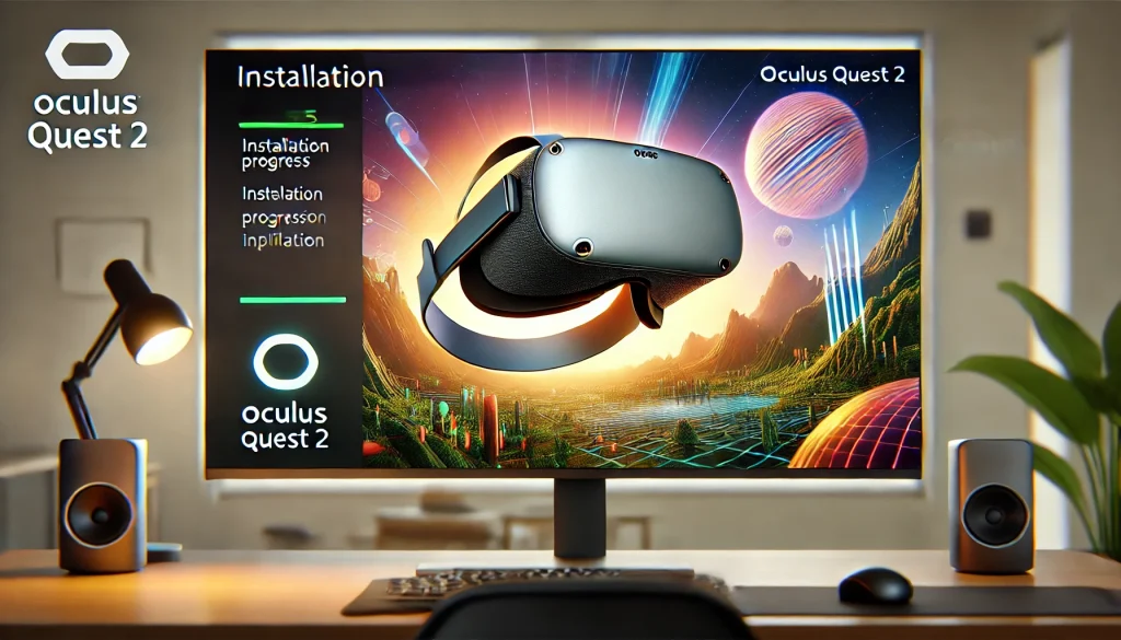 A close-up view of the Oculus Quest 2 interface showing the installation progress of a VR application, clear progress bar and installation details, vibrant and detailed display, modern room setting, bright lighting, hd quality, sharp focus on the installation process