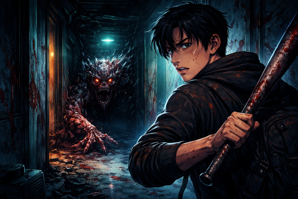 Lone survivor gripping weapon in dim corridor, hunted by grotesque transforming creature.