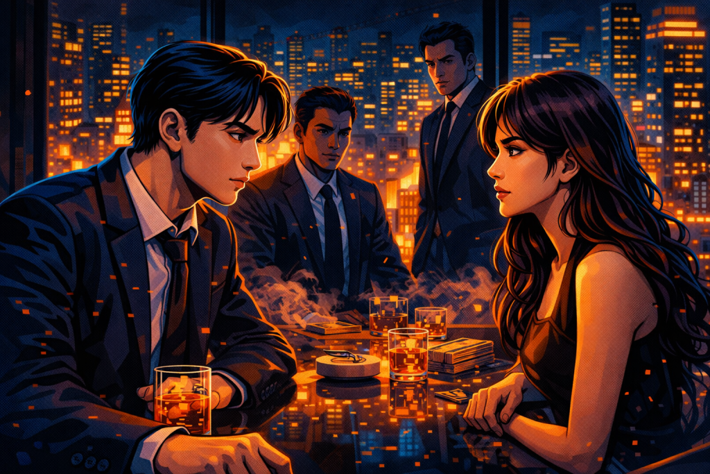 Stylish underworld meeting scene with tense glances, dark suits, and cinematic city lights.
