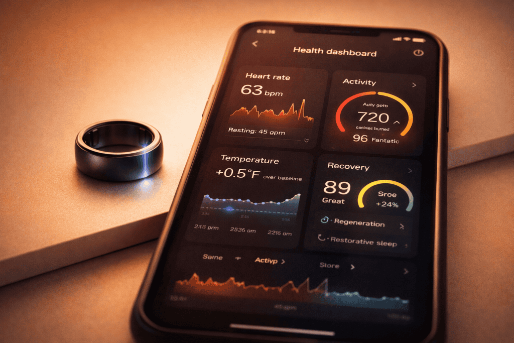 Modern health dashboard showing heart rate, activity, temperature, and recovery insights.