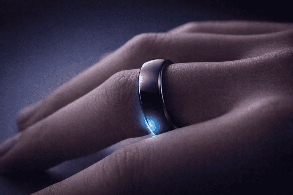Sleek Oura Ring glowing on finger, minimalist wellness tech in soft light.