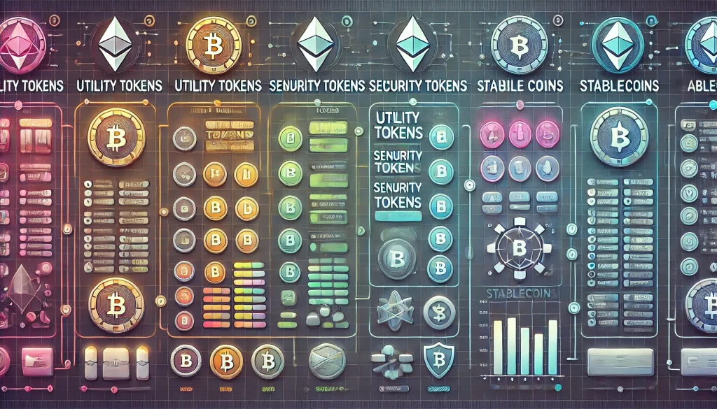 A visual chart categorizing various types of cryptocurrencies, including utility tokens, security tokens, and stablecoins.