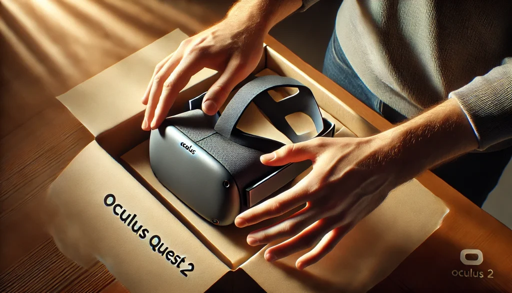 A close-up view of a user carefully removing the Oculus Quest 2 headset from the box, showing hands handling the device gently. Crisp lighting, clean and modern background, realistic hand details, hd quality, slight angle from above, focused on the action