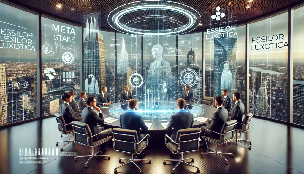 A high-level business meeting in a modern conference room, Meta and EssilorLuxottica executives in discussion of Meta's Stake. Large windows showing views of both an American cityscape and a European cityscape. Holographic displays showing AR technology concepts. Crisp suits, professional atmosphere. Created Using: photorealistic textures, HDR lighting, modern corporate architecture, digital screens, high detail, cinematic composition, 8K resolution, digital art.