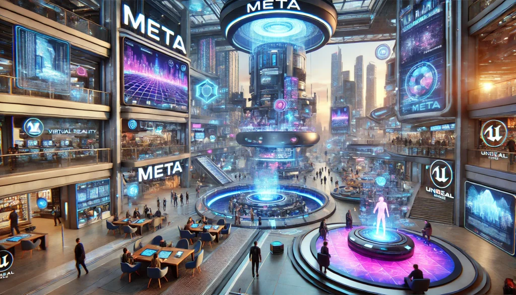 A hyper-realistic depiction of Meta's virtual reality hub, featuring immersive 3D landscapes, avatars interacting in a futuristic cityscape, and advanced architectural designs. Detailed holographic interfaces, vibrant neon lights, and dynamic weather effects. Created Using: Unreal Engine quality, cyberpunk influences, advanced VR technology, high-resolution textures, ray-tracing, photorealistic rendering, vivid color palette, immersive environment, hd quality, natural look