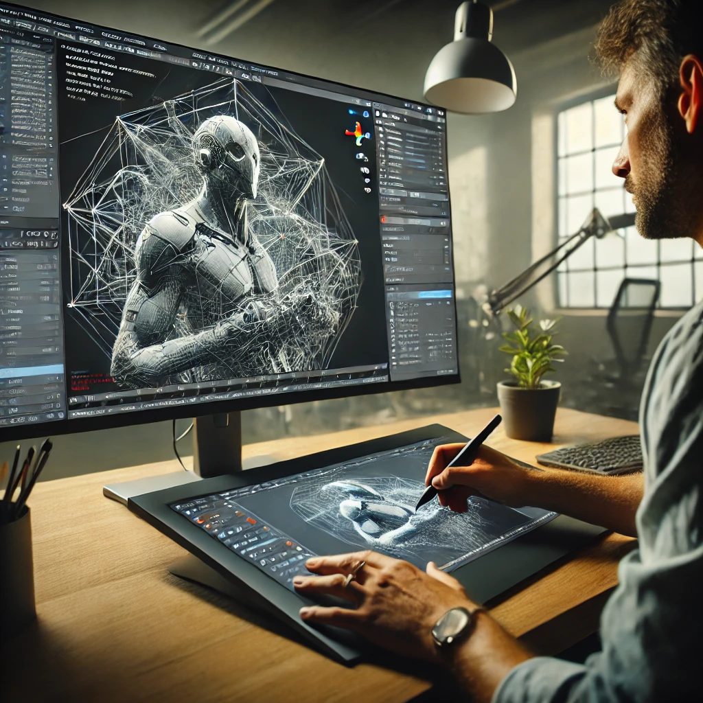 An artist using Blender, complex 3D model on screen, detailed interface with multiple panels, modern workspace background. Bright and even lighting, clear focus on screen details, subtle shadows. Created Using: Blender software, digital art tablet, high-resolution monitor, ergonomic setup, modern office, high-detail modeling, creative focus