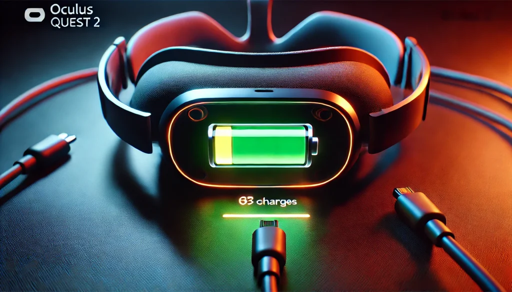 A close-up view of the Oculus Quest 2 charging indicator, showing the progress of the charge, vibrant lighting, clear and detailed indicator lights, futuristic ambiance, hd quality, slight angle from above, focused on the LED lights