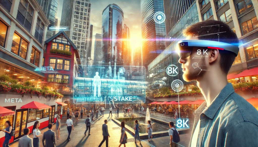 A vibrant city scene with people using smart glasses featuring Meta's AR technology with Meta's Stake. Interactive holograms and virtual interfaces visible through the glasses. Modern cityscape with innovative architecture, dynamic urban life. Created Using: street photography, AR technology visualization, natural lighting, photorealistic textures, dynamic composition, 8K resolution, cinematic style.