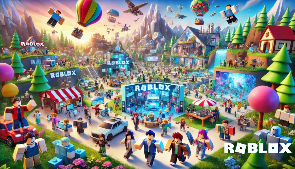 A vibrant and immersive Roblox gaming world, featuring a diverse array of user-generated content, colorful avatars, and dynamic environments. Characters engaged in various activities like building, exploring, and competing. Bright and playful visuals, detailed landscapes. Created Using: Roblox Studio, low-poly aesthetics, vibrant colors, engaging gameplay elements, diverse character designs, interactive scenes, playful lighting, hd quality, natural look