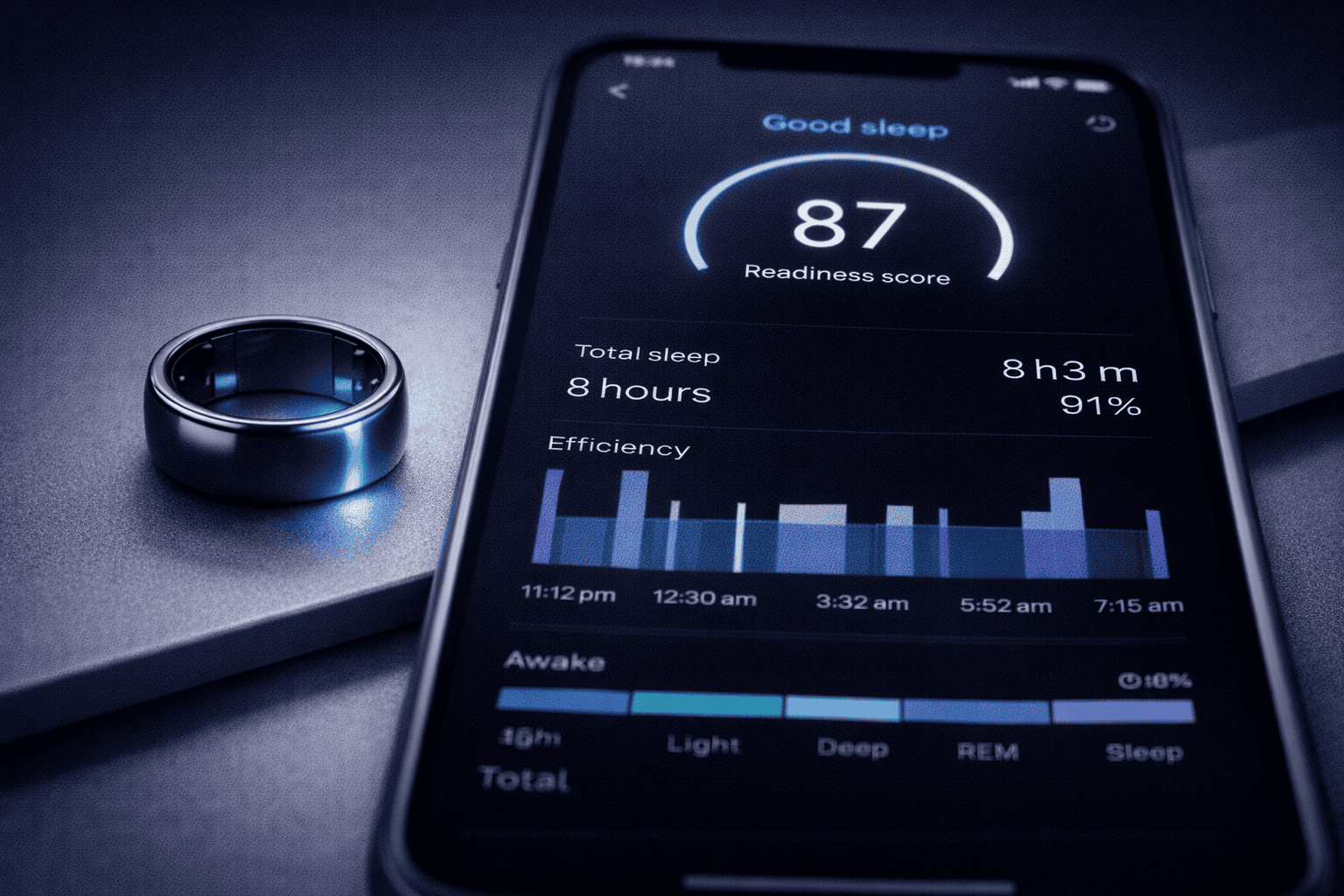 Close-up smart ring beside phone displaying detailed sleep tracking and readiness score.