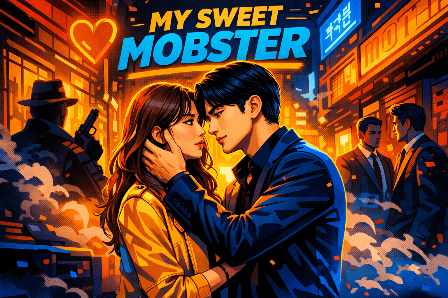 Romantic K-drama couple in neon-lit alley, torn between danger, loyalty, and love.