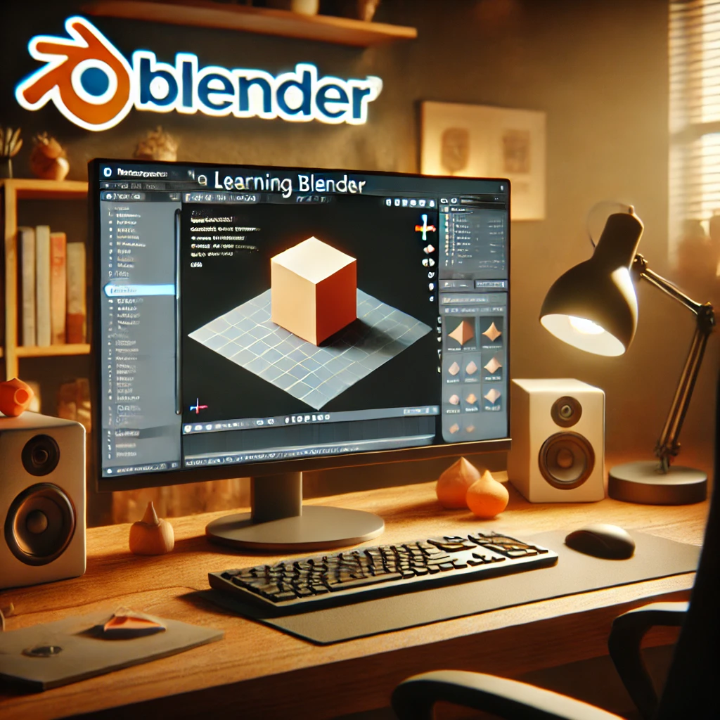 A beginner learning Blender, following an online tutorial, basic 3D shape on screen, cozy home office background. Soft lighting, focused shadows on the desk and computer. Created Using: Blender software, online tutorial video, ergonomic desk setup, comfortable chair, high-resolution monitor, natural lighting, warm ambiance 