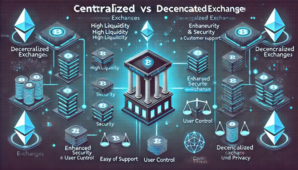 A comparison chart highlighting the differences between centralized and decentralized exchanges, including features, security, and user control.