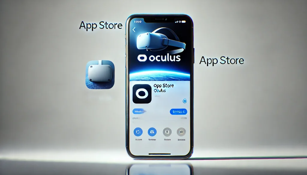 A high-resolution photograph of a mobile device with the app store open, highlighting the Oculus app ready to be downloaded, crisp and clear display, modern smartphone, bright lighting, clean white background, hd quality, focused on the screen, minimalistic style