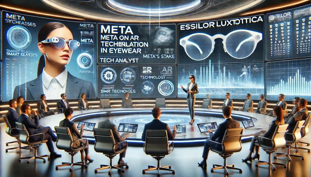 A futuristic press conference with Meta and EssilorLuxottica executives discussing the partnership and Meta's Stake. Tech analyst Sarah Johnson presenting data on AR technology integration in eyewear. Large screens displaying sophisticated smart glasses concepts. Professional setting with advanced technology elements. Created Using: photorealistic textures, HDR lighting, modern corporate architecture, digital screens, high detail, 8K resolution, cinematic composition, digital art.