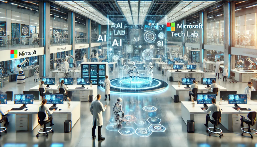 A futuristic Microsoft tech lab, showcasing the latest innovations in AI and machine learning, with advanced robotics, holographic displays, and interactive workstations. Scientists and engineers collaborating in a sleek, high-tech environment. Created Using: state-of-the-art lab equipment, modern industrial design, holographic interfaces, advanced robotics, clean lines, bright lighting, high-resolution details, hd quality, natural look