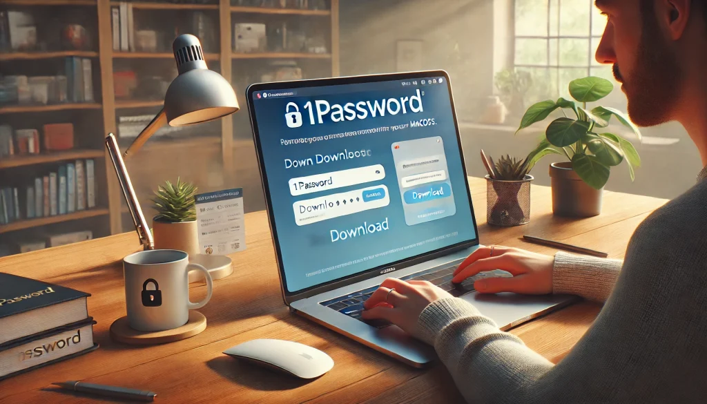 macOS 장치에서 공식 웹사이트에서 1Password를 다운로드하는 사람, 매끄러운 웹사이트 인터페이스, 명확한 다운로드 버튼. 배경: 아늑한 홈 오피스, 자연광, 나무 책상 위의 MacBook. 제작 방법: 디지털 페인팅, 부드러운 색상, 깔끔한 선, 상세한 웹사이트 요소, 현대적인 디자인, 고해상도 일러스트레이션, 전문적인 모습, 따뜻한 분위기.
