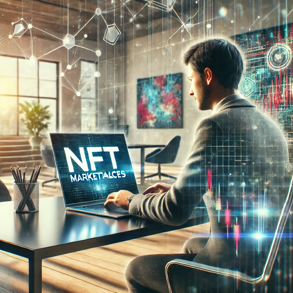 세련되고 현대적인 책상에 앉아 집중된 표정으로 노트북으로 NFT 마켓플레이스를 조사하는 사람. 배경은 벽에 디지털 아트가 있는 현대적인 사무실입니다. 큰 창문을 통해 들어오는 밝고 자연스러운 조명, 부드러운 그림자. 제작 용도: 디지털 일러스트레이션, 기술 연구, 생생한 색상, 디테일한 텍스처, HD 품질, 현대적인 작업 공간, 고해상도