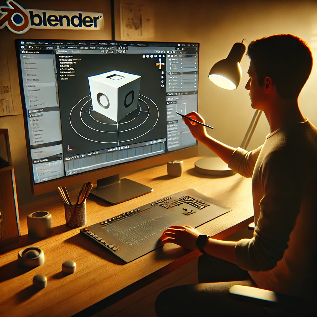 A beginner creating a simple 3D cube in Blender, basic interface with tools, home office background. Soft lighting from a desk lamp, subtle shadows on the desk and screen. Created Using: Blender software, basic modeling tools, ergonomic desk setup, comfortable chair, high-resolution monitor, focused learning, warm ambiance