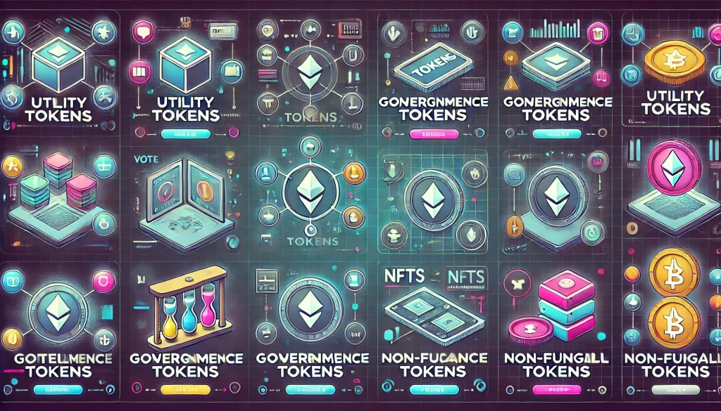 An illustrative guide showing various types of blockchain tokens, such as utility tokens, governance tokens, and non-fungible tokens (NFTs).