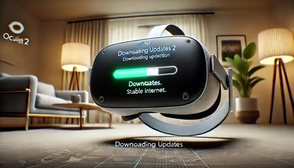 A high-definition photograph of the Oculus Quest 2 downloading updates, progress bar visible, stable internet connection indicated, modern room setting, soft ambient lighting, sharp focus on the display, realistic textures and colors