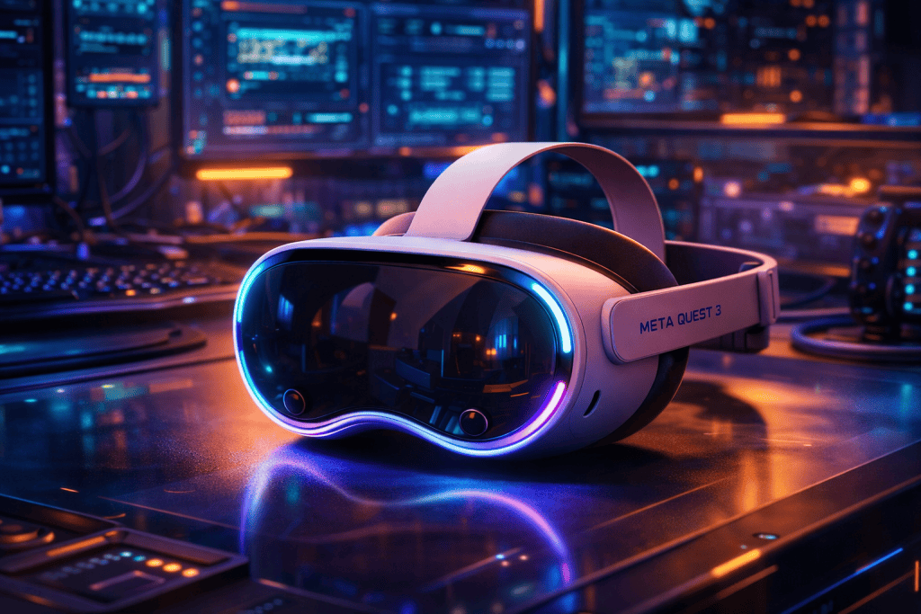 Sleek Meta Quest 3 headset glowing on futuristic desk in immersive neon workspace.
