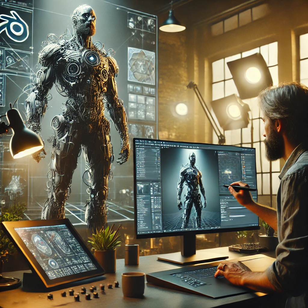 An experienced artist using Blender, working on a highly detailed character model with advanced textures, modern studio background. Complex lighting setup with multiple sources, detailed shadows and reflections. Created Using: Blender software, advanced texturing tools, high-end graphics tablet, dual monitors, professional studio, intricate modeling, high-resolution details