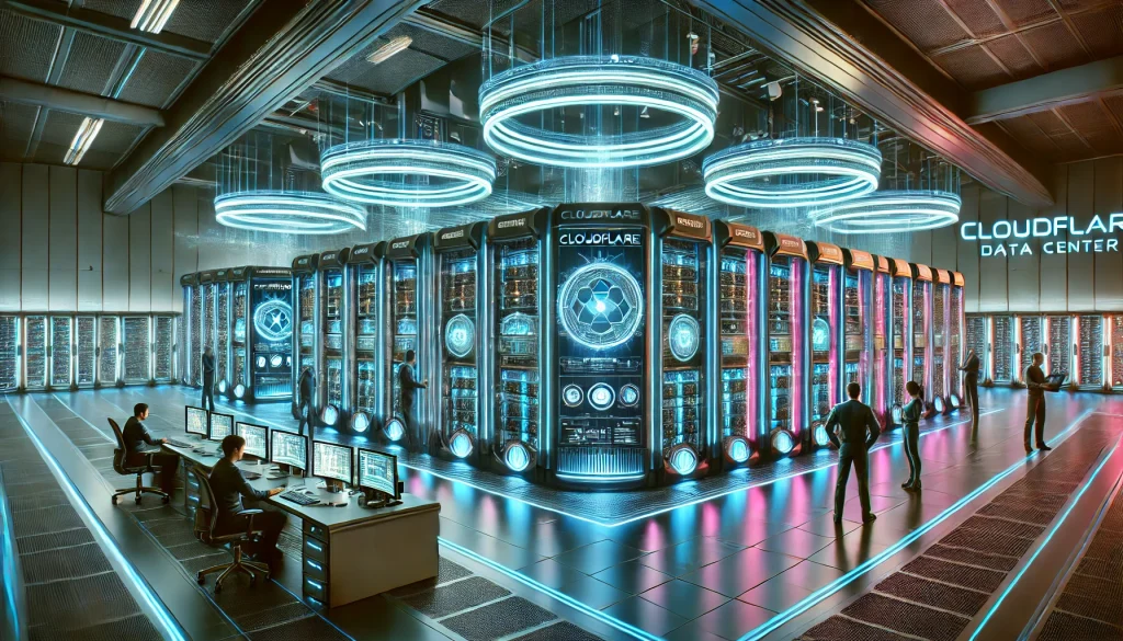  A futuristic Cloudflare data center, featuring rows of advanced servers with glowing indicators, holographic security interfaces, and technicians monitoring network security. High-tech infrastructure, sleek design, and vibrant neon lights. Created Using: state-of-the-art server technology, modern industrial design, holographic displays, cybersecurity tools, clean lines, dynamic lighting, high-resolution details, hd quality, natural look