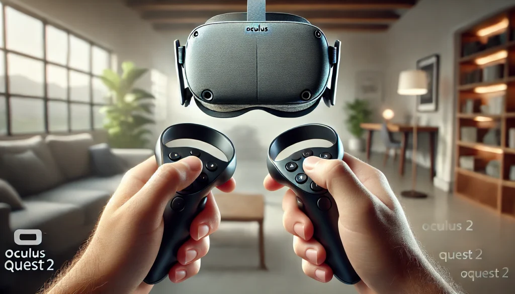 A close-up view of a user pressing specific buttons on the Oculus Quest 2 controllers to pair them with the headset, clear view of the hands and buttons, modern room background, bright and crisp lighting, hd quality, sharp focus on the interaction