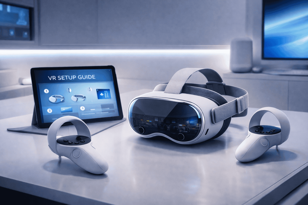 User-friendly VR setup on minimalist desk with controllers, tablet guide, and ambient light.