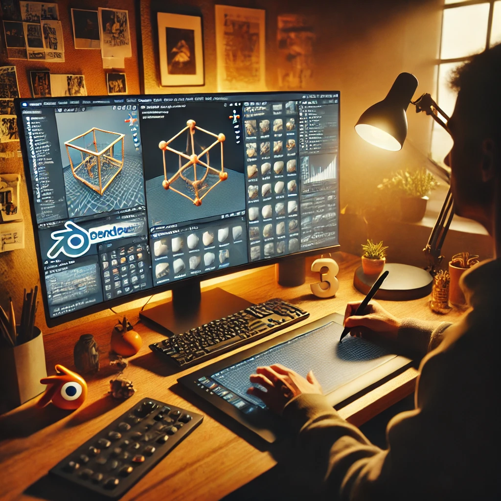 A dedicated 3D artist practicing Blender techniques, multiple projects open on screen, cozy home office background. Warm lighting from a desk lamp, focused shadows on the desk and computer. Created Using: Blender software, digital art tablet, high-resolution monitor, ergonomic setup, natural lighting, creative clutter, intensive practice