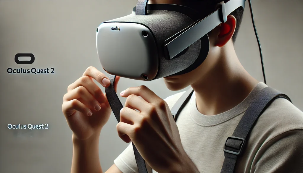 A high-resolution photograph of a user adjusting the straps of the Oculus Quest 2 headset, close-up view of the hands and straps, modern and sleek design, bright and clear lighting, clean white background, hd quality, minimalistic style, sharp focus on the interaction