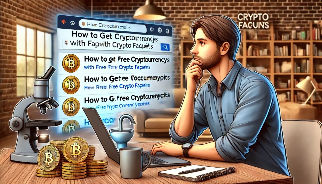 Illustration of a person searching how to get free cryptocurrency