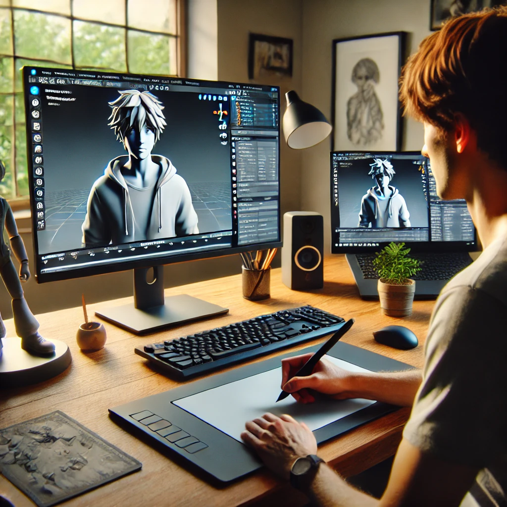 A 3D artist attending an online workshop, detailed character model on screen, cozy home office with a professional setup. Soft lighting, focused shadows on the desk and computer. Created Using: Blender software, online workshop, digital art tablet, high-resolution monitor, ergonomic setup, natural lighting, focused learning, continuous improvement