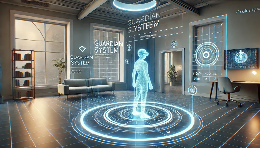 A detailed image showing the Guardian system interface inside the Oculus Quest 2, user’s perspective, holographic boundary lines being drawn, modern room with clear space, soft ambient lighting, hd quality, vivid colors, focused on the virtual boundary setup