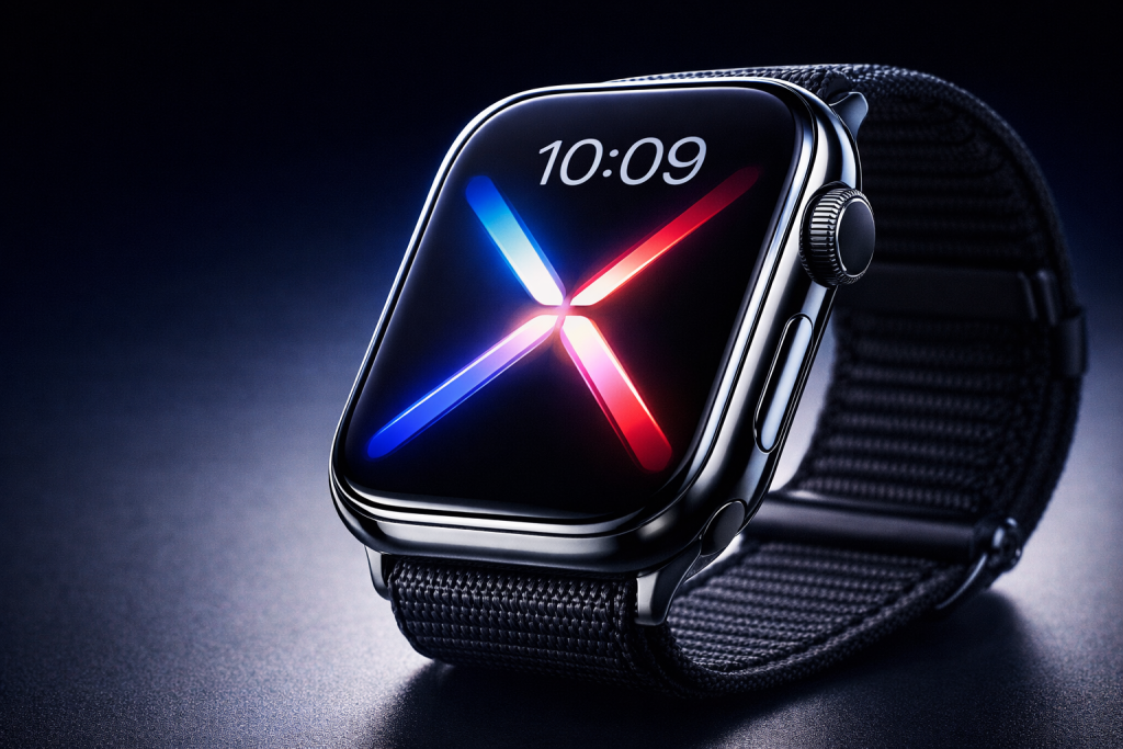 Apple Watch X close-up highlighting edge-to-edge screen and premium modern finish.