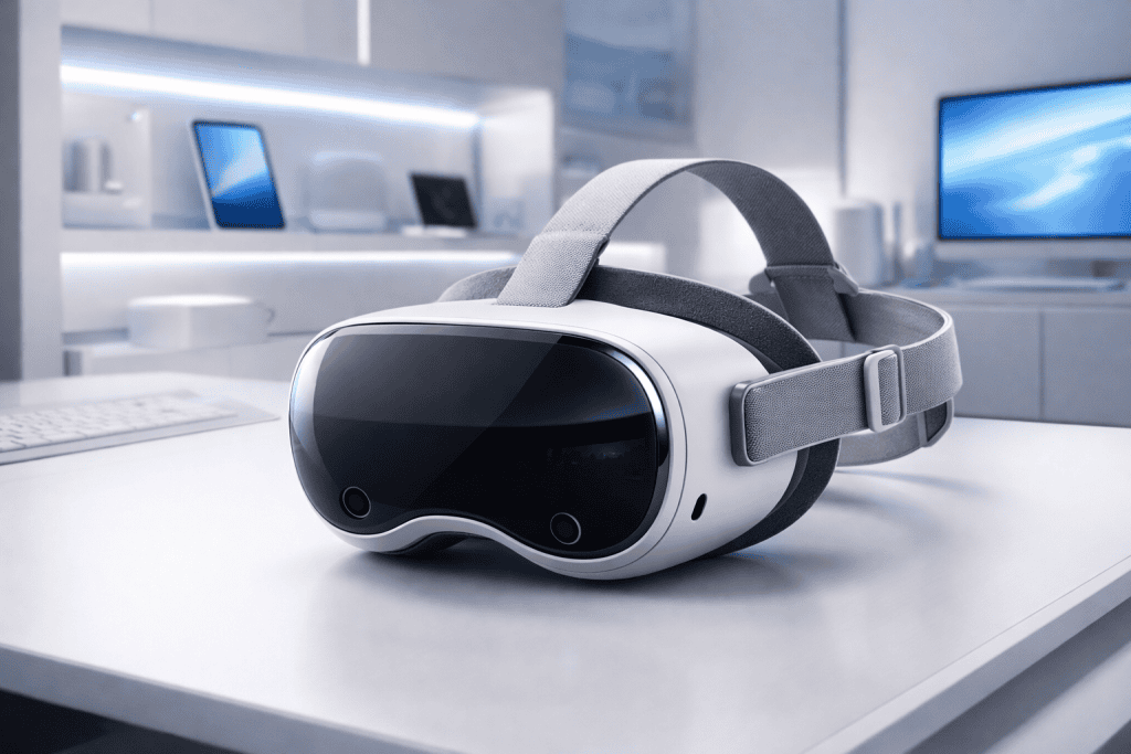 Lightweight VR headset with ergonomic straps displayed in clean, modern tech studio.