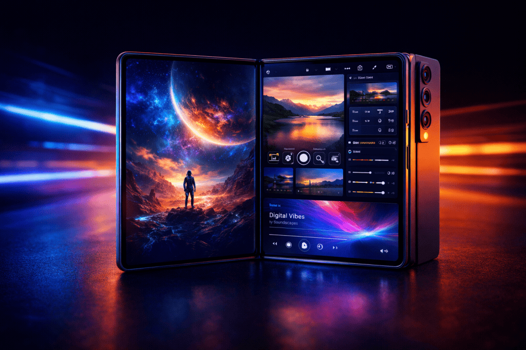 High-tech foldable phone displaying immersive media, advanced camera features, and sleek portability.