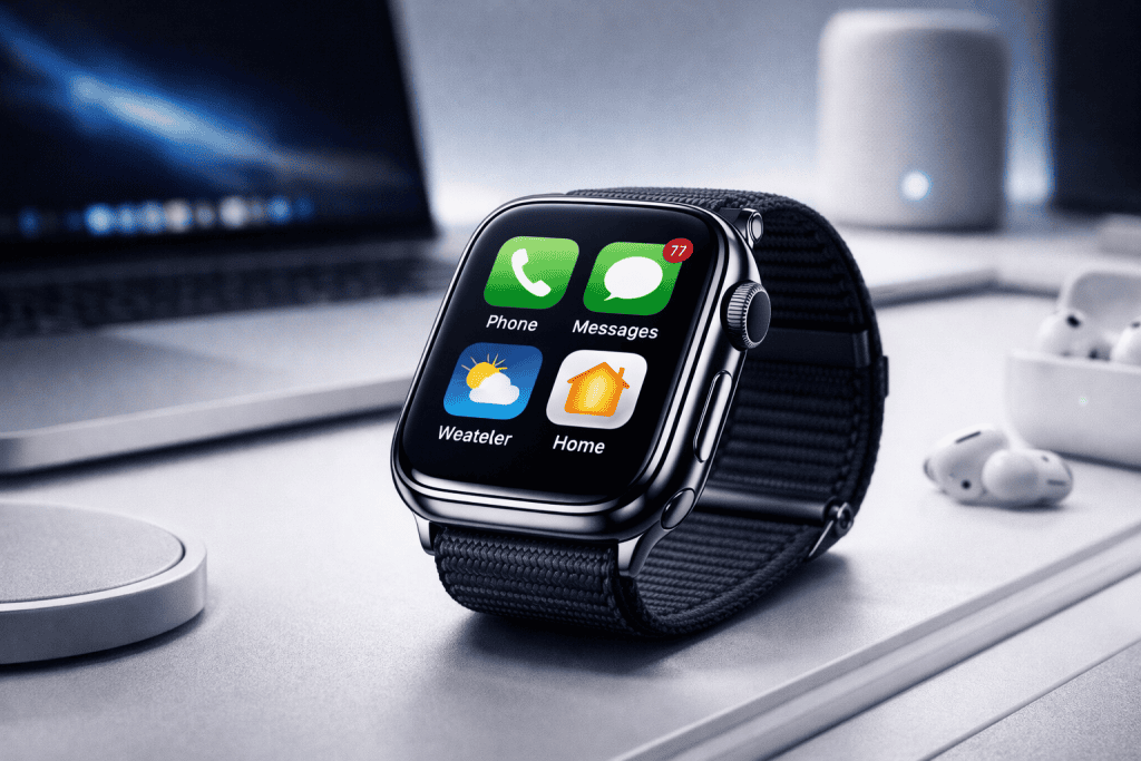 Apple Watch X in clean workspace, emphasizing speed, usability, and smart connectivity.