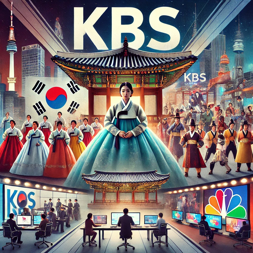 눈 내리는 K-드라마 현장, 활기찬 버라이어티 쇼, 뉴스 스튜디오가 KBS 로고와 함께 어우러지는 장면이 등장합니다.