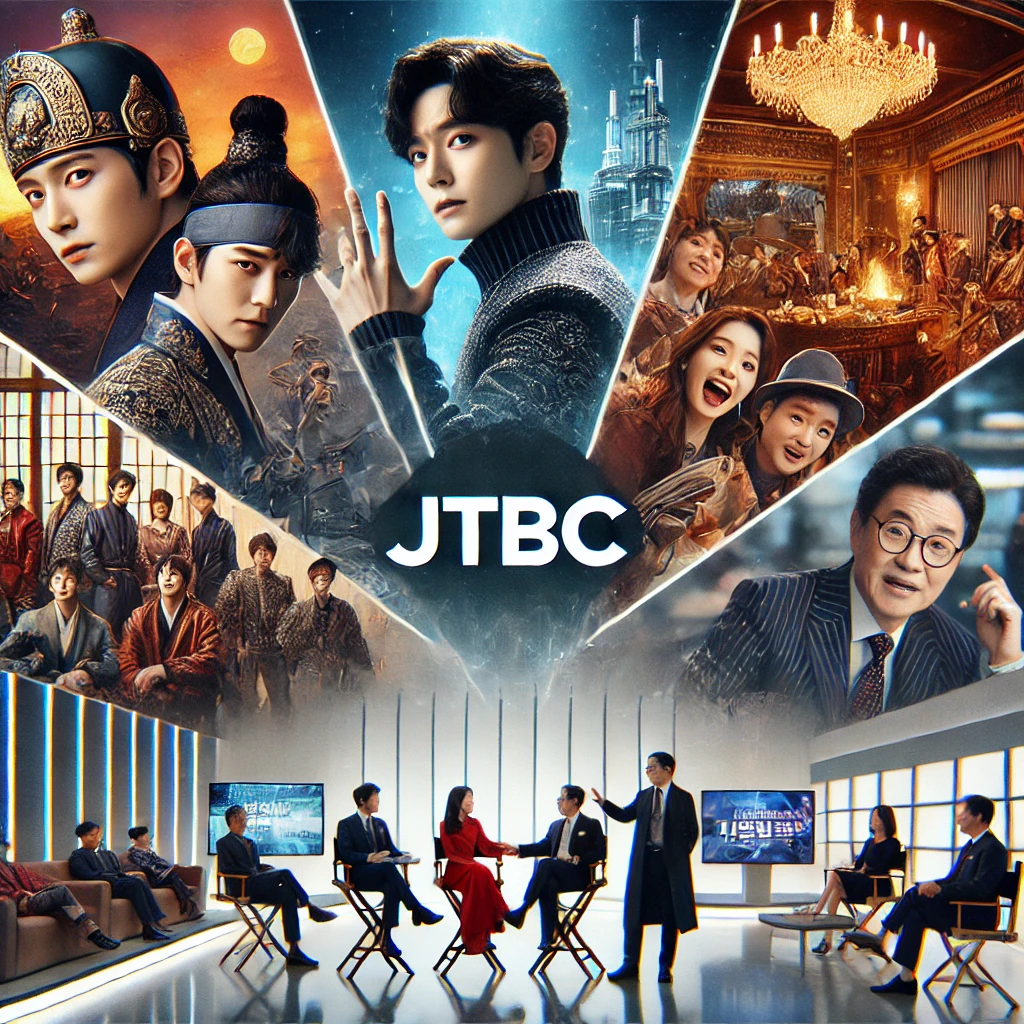 JTBC 로고로 통일된 고급스러운 드라마 장면, 유머러스한 버라이어티 쇼, 세련된 뉴스 스튜디오가 특징입니다.