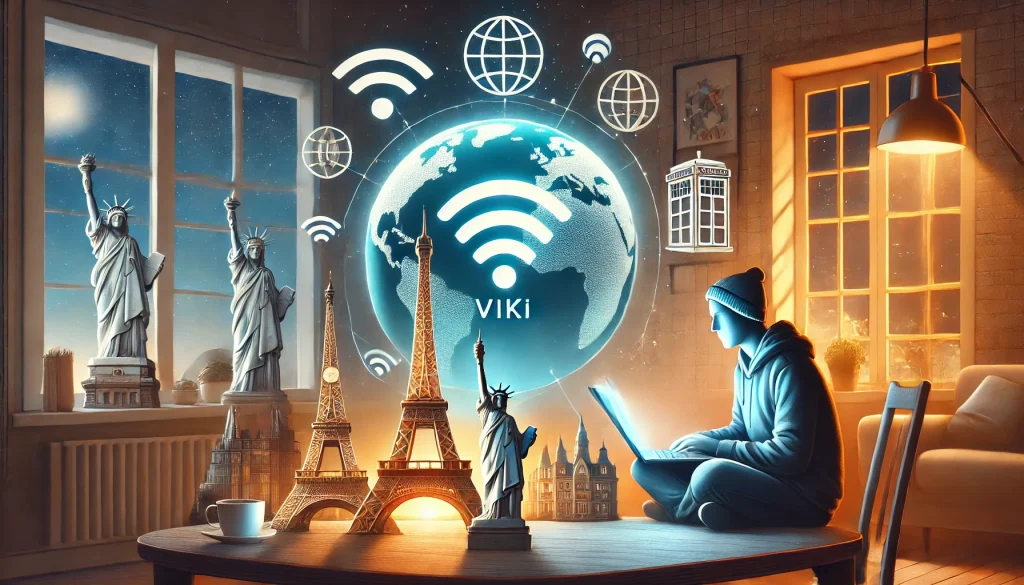 다양한 국가의 Viki 콘텐츠에 대한 글로벌 액세스를 상징하는 세계 각국의 랜드마크와 Wi-Fi 아이콘이 있는 지구본으로 둘러싸인 Viki 로고가 표시된 노트북을 들고 책상에 앉아 있는 사람입니다.